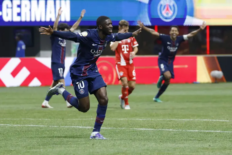 Ousmane Dembele celebrates PSG's win against Bayern,