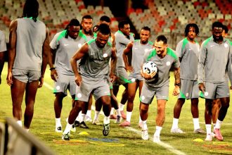 Simon Moses, Samuel Chukwueze and Cyriel Dessers at training.