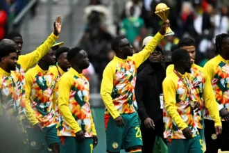 Senegalese players parade AFCON trophy